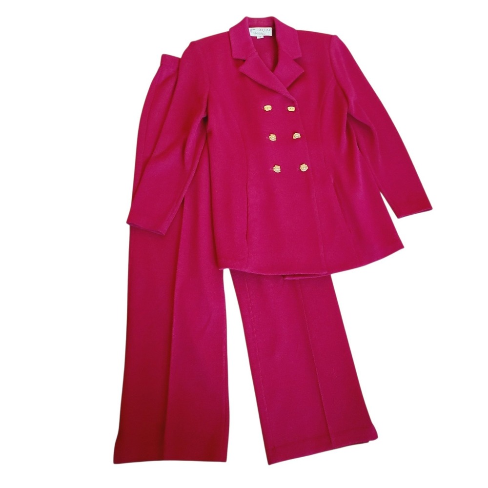 Vtg St John Collection Marie Gray 2 Pc Set Blazer Pants Suit sz 2 Burgandy Red